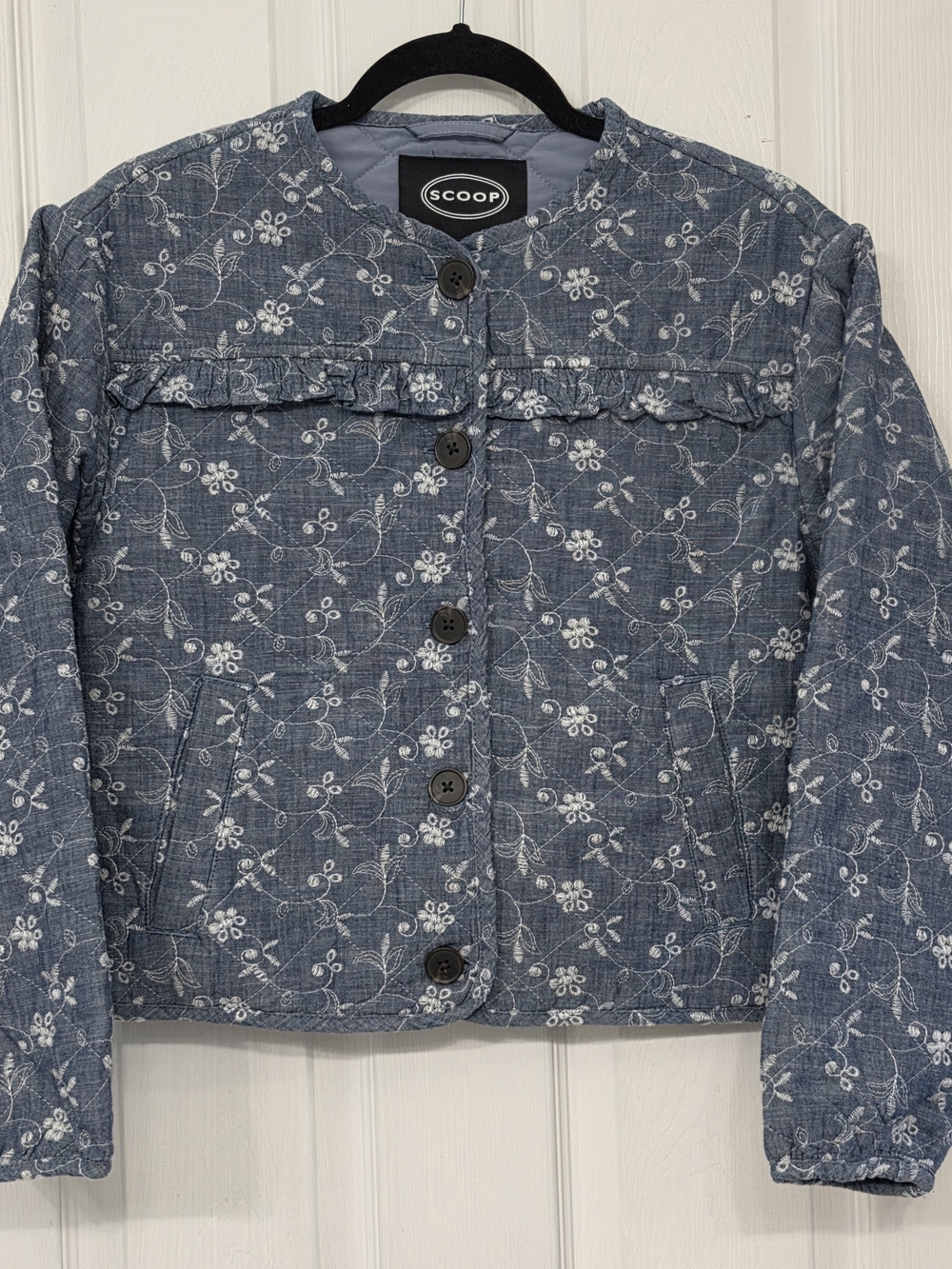 Women's Denim Blue Floral Cotton Eyelet Quilted Jacket XS NEW